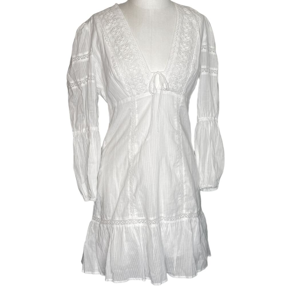 Reformation White Embroidered V-Neck Mini Dress